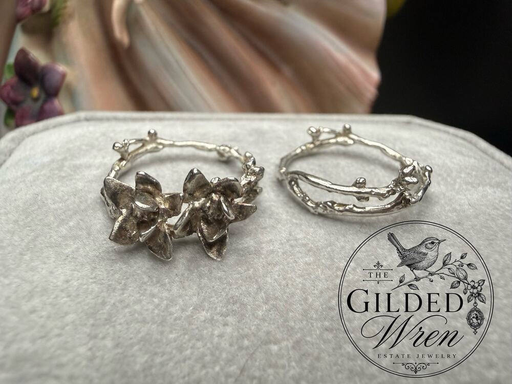 Sterling Silver 925 Nesting Flower Twig Ring Set Artisan Nature Size 6.25 & 7